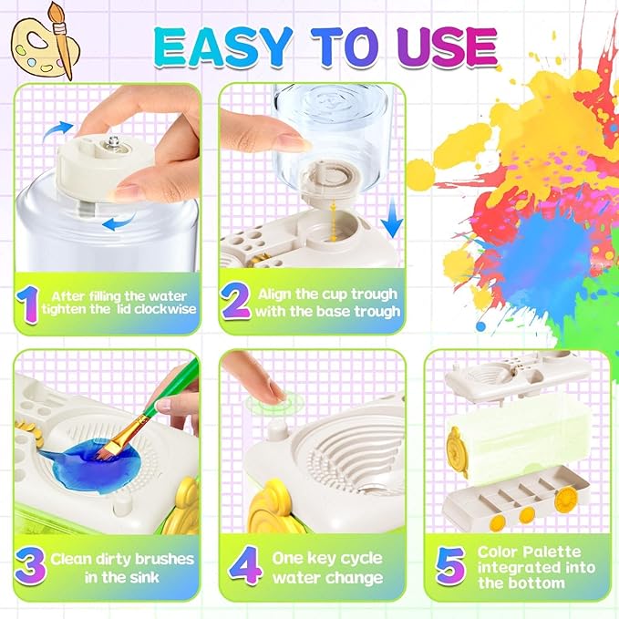 Paint Brush Cleaning Kit for Kids with 5 Brushes, Art Smock, Washable Mat, Guidebook, Spiral Brush Cleaner Jar for Watercolor(White)