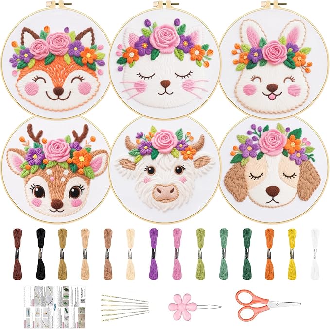 ORIGACH 6 Pack Animals & Floral Crown Embroidery Kits for Beginners, DIY Starter Hand Embroidery Kit with Floral and Dog Rabbit Fox Patterns and Instructions for Adults Women Crafting