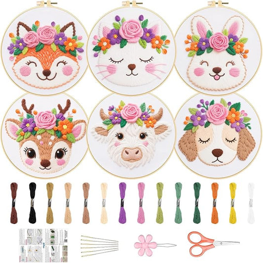 ORIGACH 6 Pack Animals & Floral Crown Embroidery Kits for Beginners, DIY Starter Hand Embroidery Kit with Floral and Dog Rabbit Fox Patterns and Instructions for Adults Women Crafting