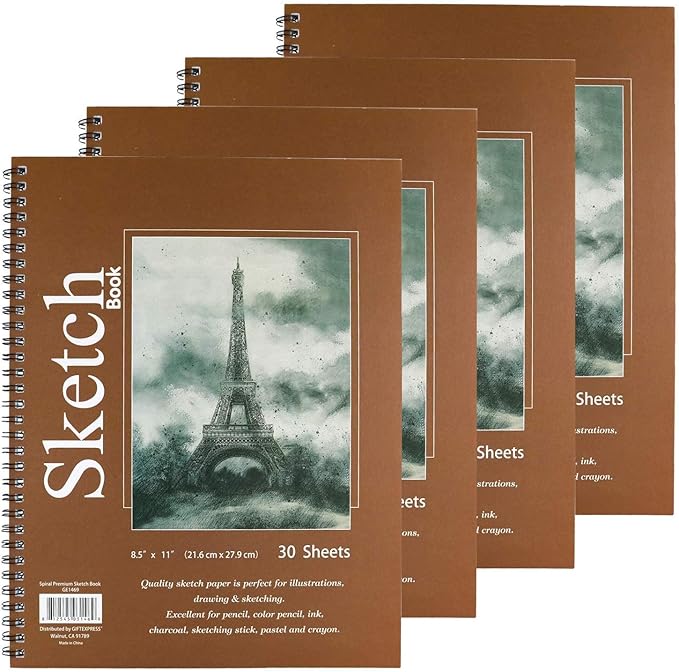GIFTEXPRESS Bound Spiral Premium Sketch Book Sketch Pads Set, 4 Pads x30-Sheets, 8.5" X 11" Side Wire Bound, White 120 Paper Sheets for Pencil Ink Pastel (4)