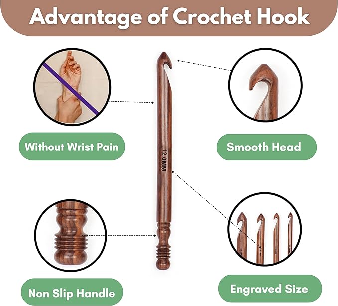 Wooden Crochet Hook | Knitting Needle with Ergonomic Soft Grip Handles | Handcrafted Crochet Hook Set | Indian Rosewood Crochet Hook with Engraved Size (20 mm)