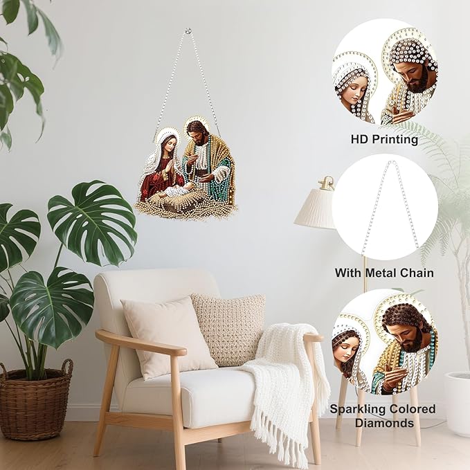 Religious Virgin Mary Jesus Diamond Art Hanging Ornaments Kits for Adults, Diamond Painting Pendant Kits, DIY Acrylic 5D Special Shaped Crystal Gem Art Painting Ornament for Home Wall Decor 8x8 Inch