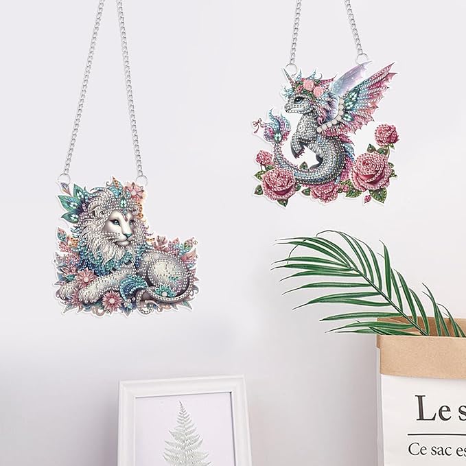 2 Pcs 5D DIY Diamond Painting Pendants – Rose-Adorned Flying Dragon & Prince-Style Lion Hanging Ornaments, Irregular Diamonds, Acrylic Wall & Window Decor, Handmade Gift Craft Kits