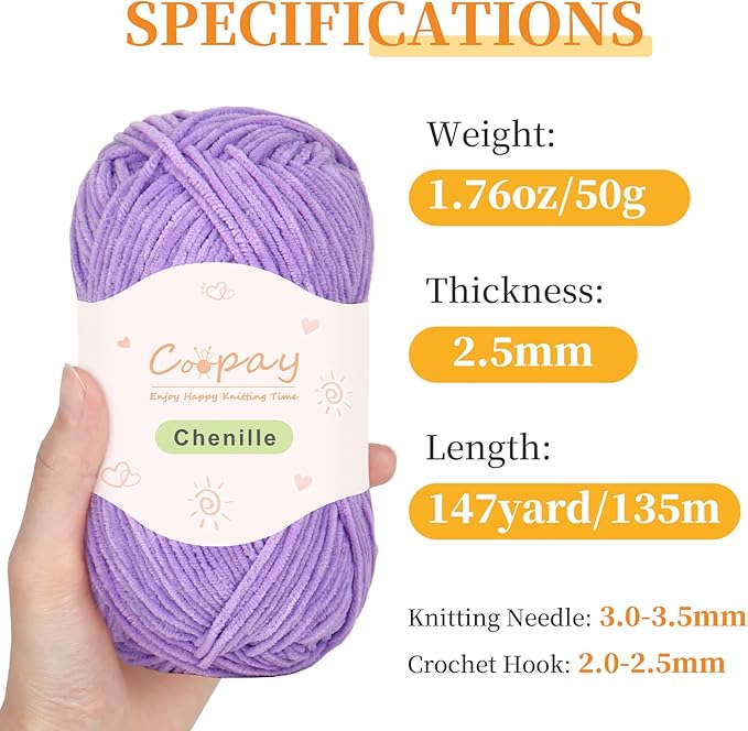 Coopay Skinny Chenille Yarn for Crocheting and Knitting, 12 Pack of 50g/1.76oz-1764yd Total, Soft Velvet Yarn of Baby Weights - Suitable for Baby Blankets, Plush Toys - Super Soft (Purple Gradient)