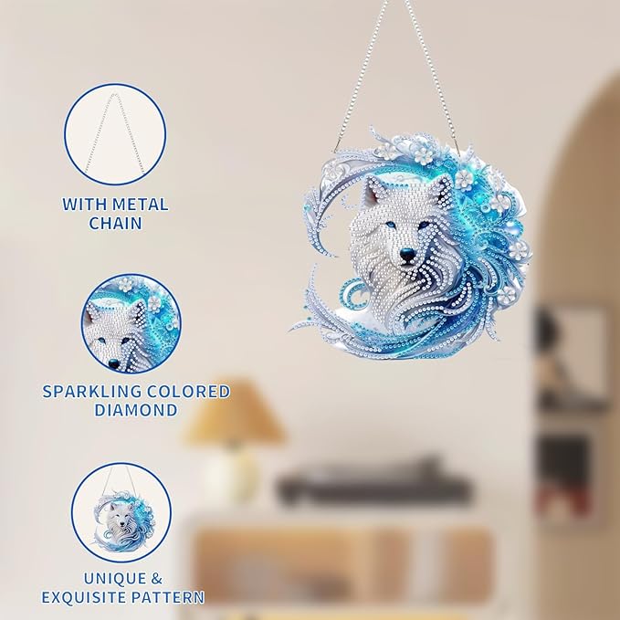 AIBOERL Diamond Art Hanging Kit for Adult,Special Shaped Rhinestone,Double Sided 5D DIY Acrylic Diamond Art Painting Window Pendants Home Garden Wall Hanging Kits Hanging Ornament (Wolf)