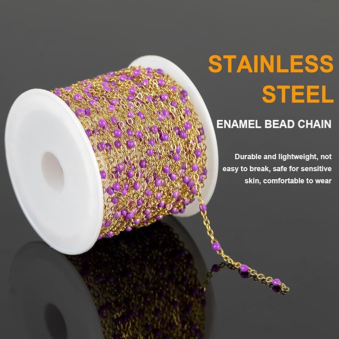 KYUNHOO 5 Meters Gold Stainless Steel Chains for Jewelry Making Purple Enamel Beaded Chain Roll with Lobster Clasps Jump Rings for Crafting Bracelet Choker DIY