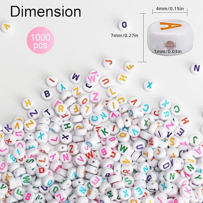 sutoug 1000pcs letter beads for threading, 4 x 7 mm acrylic round alphabet beads for jewellery diy making crafts bracelets necklaces ornaments-white