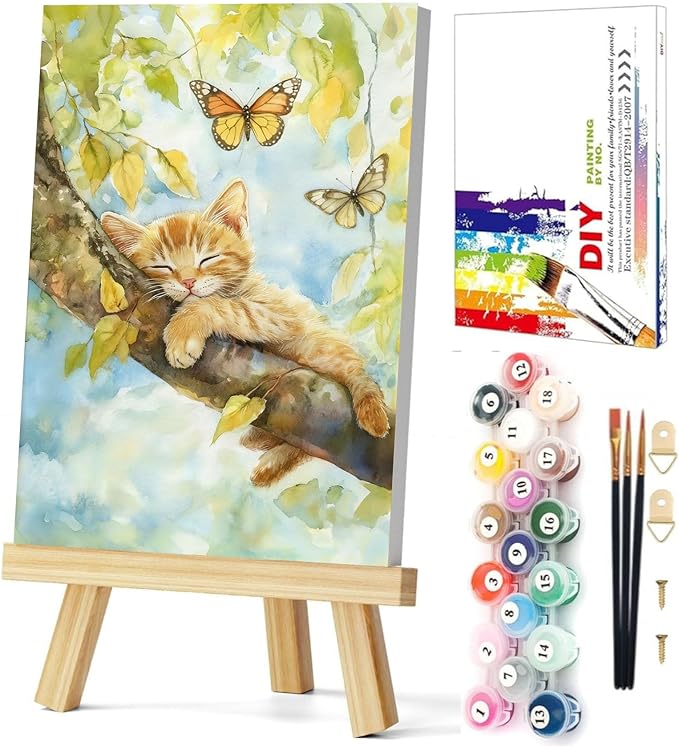 Gemozaic Cat Paint by Numbers Kit for Adults with Frame and Easel, Sleeping Cat Framed Adults' Paint by Number Kits, Animal Oil Acrylic Painting for Home, Office, Wall Decor, 8 x 12 Inch