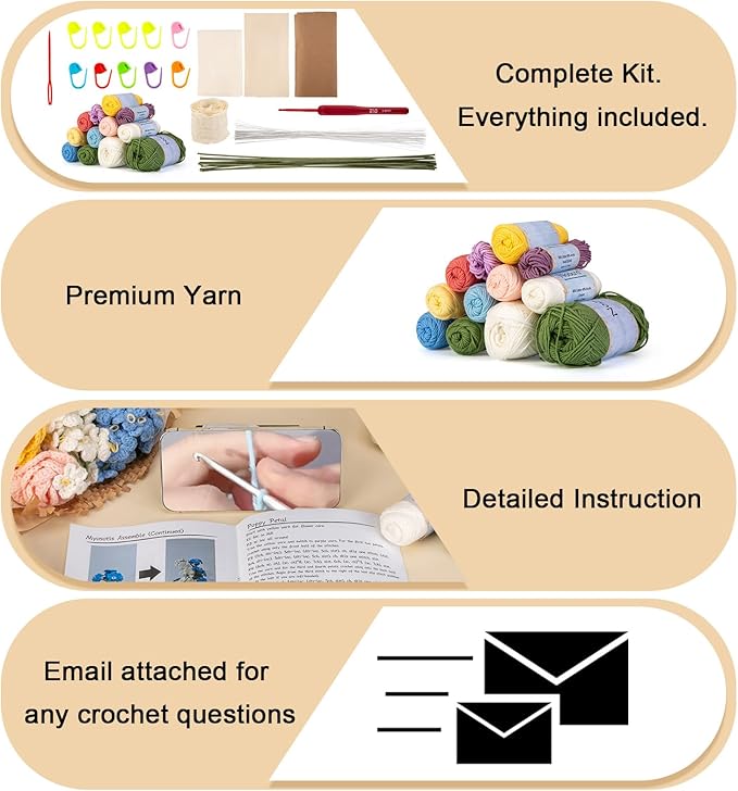 Noocro Crochet Kit Flower Bouquet, Rose, Lily Myosotis, Poppy, Tulip and Orchid with Video Tutorial and Detailed Instructions, Complete Kit Craft Supplies Holiday Gift (Flower Bouquet)