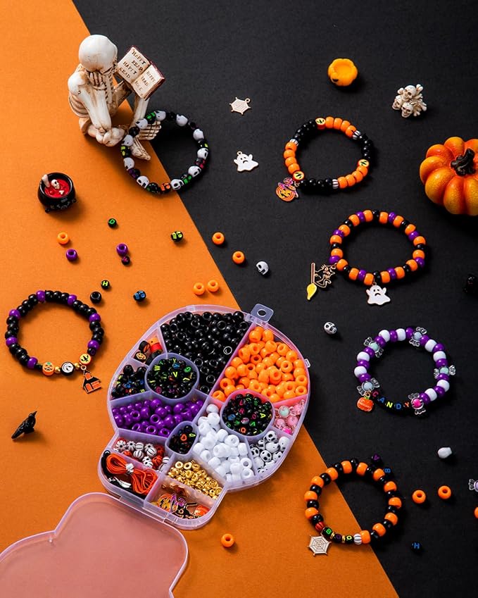 Taybonds Halloween Beads for Bracelet Jewelry Making Kit, Skull Polymer Clay Beads Pony Beads, Halloween Beads Charm for DIY Necklace Earrings, Gifts for Party