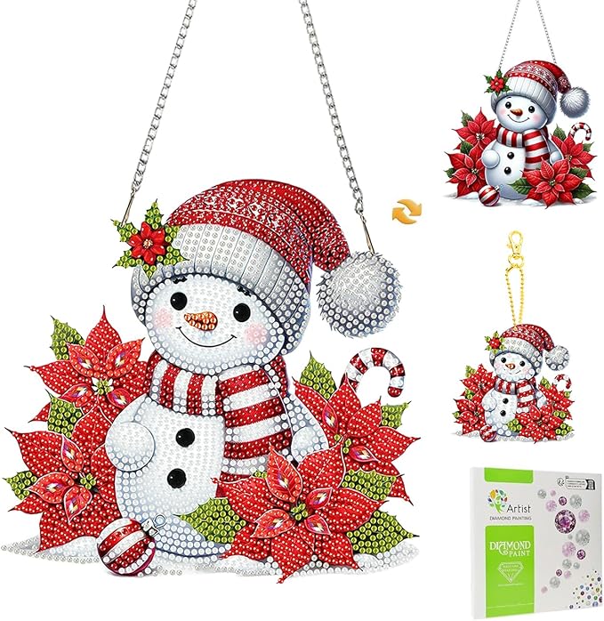 Masendp Diamond Art Hanging Kit Keychain, Special Shape Rhinestones, DIY Acrylic Double Sided 5D Diamond Art Painting Window Pendant Home Garden Wall Mounting Kit Hanging Ornament. (Christmas Snowman)