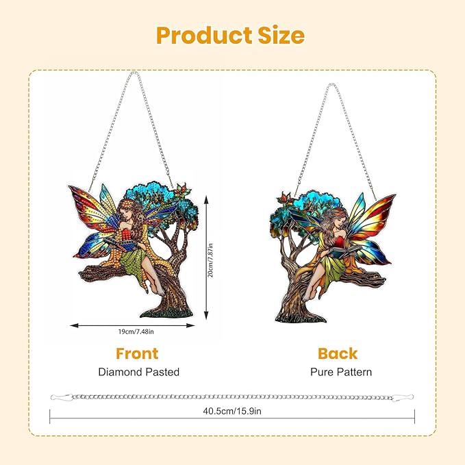 EOBROMD Diamond Hanging Art Kits for Adults, Fairy on Tree Diamond Art Painting Suncatcher, DIY Special Shaped Rhinestone Kits for Adults, Window Pendants Home Garden Wall Hanging Ornament