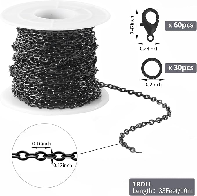 Lemonkey 33 Feet Metal Black Necklace Chains Cable O-Shaped Links Chains Bulk for Jewelry Making DIY Craft Kit with Lobster Clasps Jump Rings
