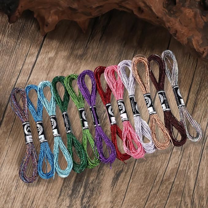 12 Skeins 6 Strands Metallic Embroidery Floss Glitter Cross Stitch Thread Colorful Sparkly Polyester Friendship Bracelet String Yarn Threads Bulk for Hand Sewing Crafts Bracelets Making DIY