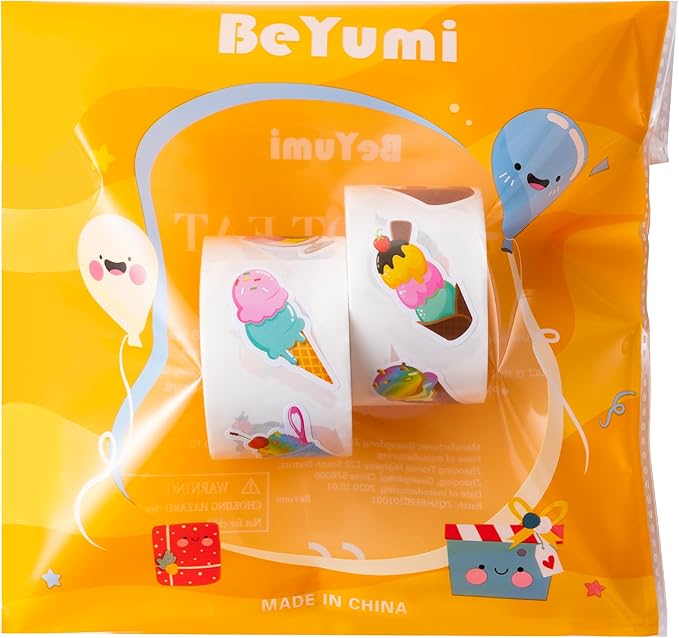 beyumi summer ice cream stickers - 1000pcs ice cream stickers in 2 rolls waterproof vinyl sweets themed cute dessert decals for gift laptop bottle scrapbooking luggage computer envelope decor for kids