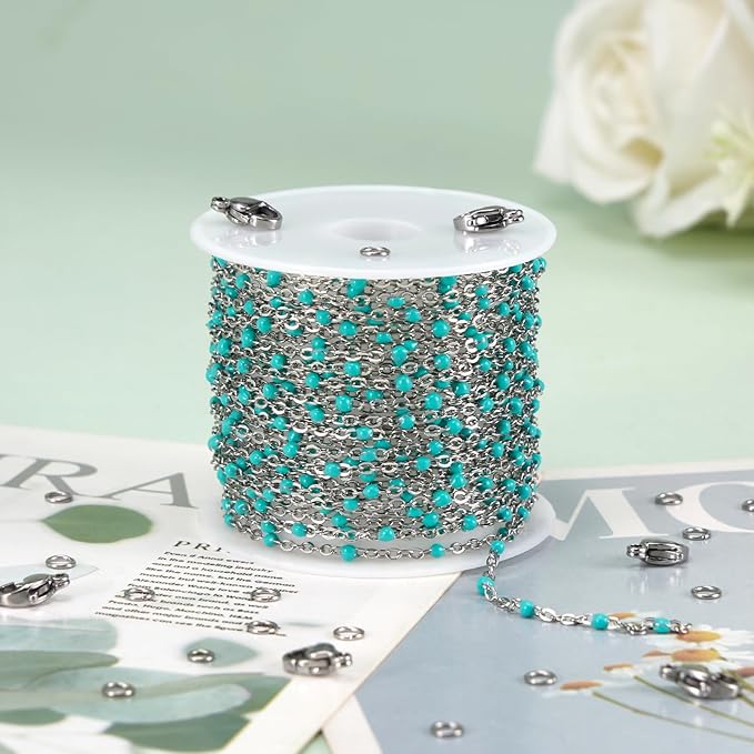 16.4 Feet Thin Stainless Steel Necklace Making Chains Bulk on Spool Turquoise Green Bead Chain for Crafts with Lobster Clasps Jump Ring Jewelry Findings
