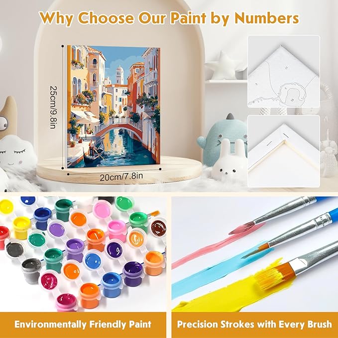 NEWENMO 4 Pack Paint by Numbers Kit for Kids Beginner with Wooden Frame, Beautiful Coast Village, Paint by Numbers Kit for Adults, Park and Cityscape, DIY Painting Kits for Home Wall Decor 8x10 inch