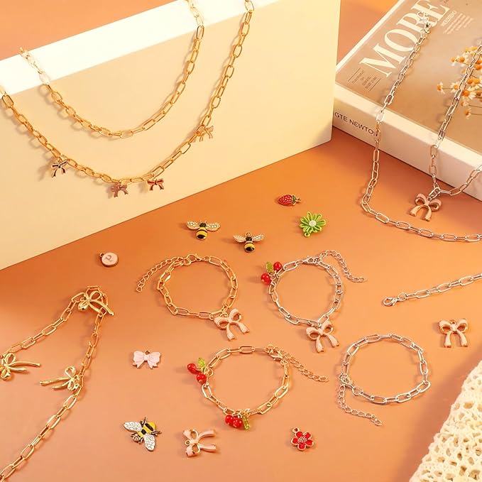 Oqqlin 32 Pcs Charm Necklace Bracelets Kit, Gold Silver Paperclip Chains Zinc Alloy 18 Inch Necklace 6.5 Inch Bracelet with Lobster Clasp for DIY Jewelry Making, Gifts