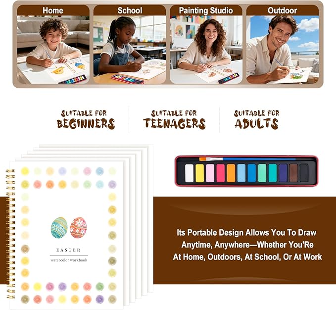 Easter Watercolor Workbook for Adults, Beginner Friendly Watercolor Painting Kit Bunny Eggs Water Coloring Book, Nature-Themed Practice Art Gift Water Color Paint Book with Palette and Brush