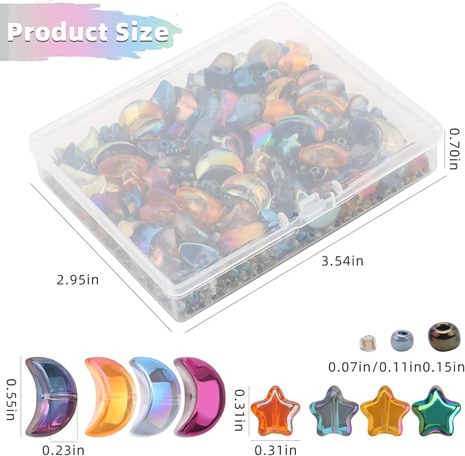 620pcs Mixed Star Moon Glass Beads for Jewelry Making, Shaped Star Moon Spacer Beads with Glass Seed Beads for DIY Supplies Bracelets Necklaces Earrings