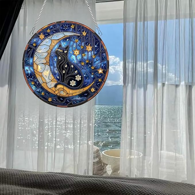 hyzsj DIY Hanging Diamond Art Pendant Painting Kit Cat,Acrylic 5D Moon Painting Window Pendants, Special Crystal Gem Craft Painting Kit Ornament