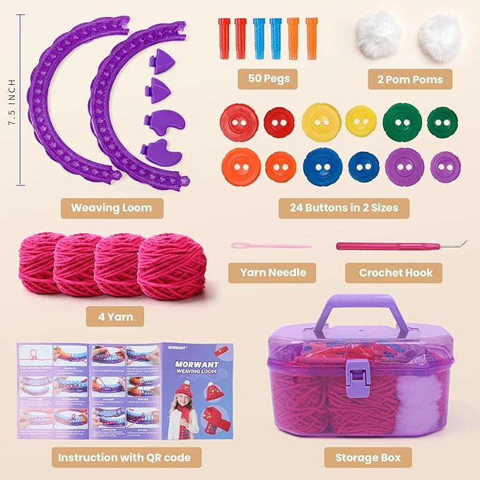 loom knitting kit for beginners - diy hat & scarf craft toy with buttons - fun crochet toy for kids ages 7 8-12 - perfect birthday and christmas gift for girls