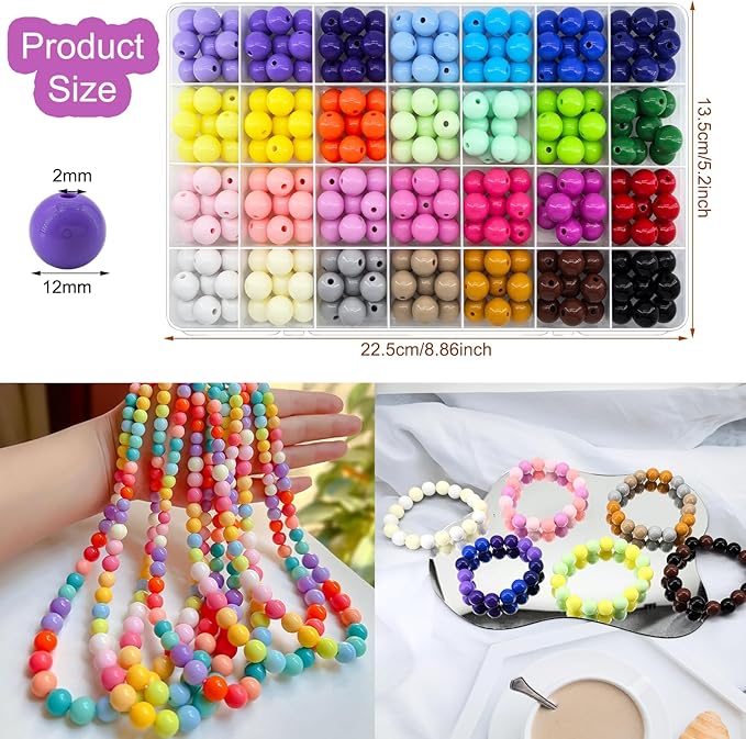 250Pcs 12mm Acrylic Round Beads for Jewelry Making, 28 Colors Rainbow Round Bead for Bracelets Making Kit Candy Color Plastic Bubble Gum Beads Pastel Loose Bead Bulk for DIY Necklace Phone Charm