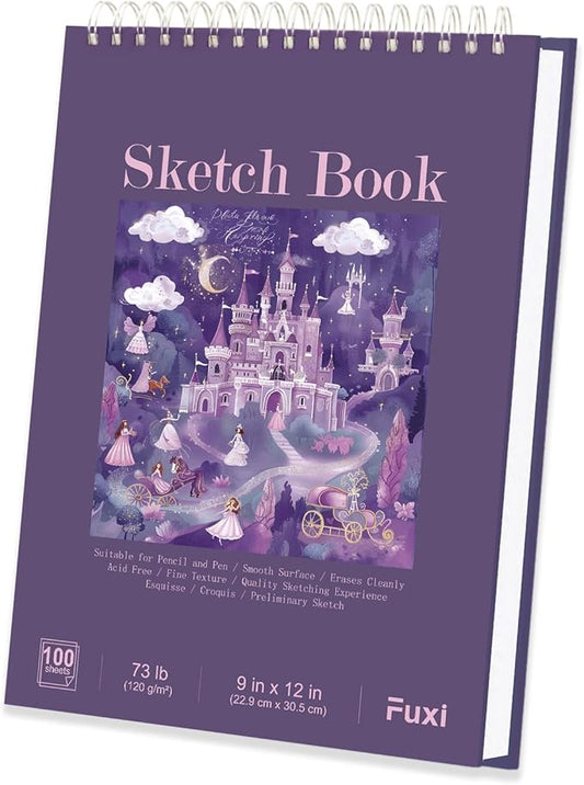 purple sketch book for women - 9"x12" girls sketch book, 100 sheets (73lb/120gsm) drawing paper for kids, art supplies for girls ages 8-12, beginners, and adults, 1-pack