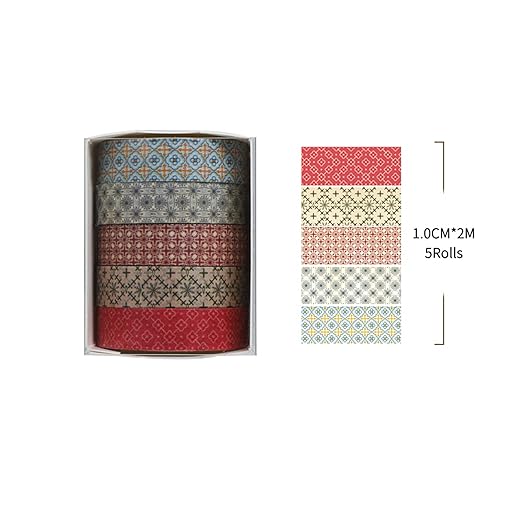 Fantasy Washi Tape Set - 5 Rolls Texture Arts Adhesive Tapes Basic Patterns Decorative Masking Tape Sets for Craft, Kids, Scrapbook, DIY, Gift Wrapping (12-Classic Tiles)