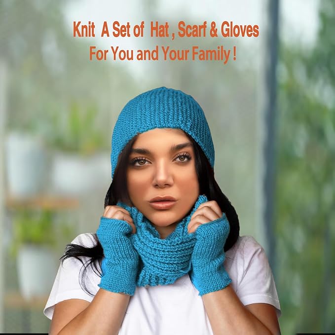 kaaper knitting kit for beginners adults - all-in-one hat, scarf & glove set with blue wool yarn, bamboo needles，learn to knit a complete winter accessory collection (acid blue)