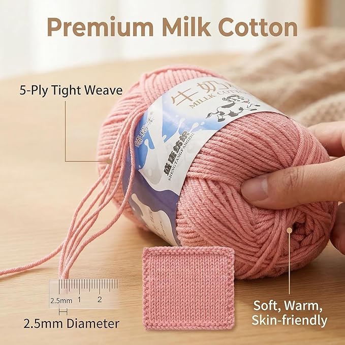 4 Pack Milk Cotton Yarn for Crocheting, 5 Ply Super Soft Baby Yarn, 50g Fluffy Cotton Yarn for Amigurumi, DIY Crafts, Hats, Socks and Knitting Projects