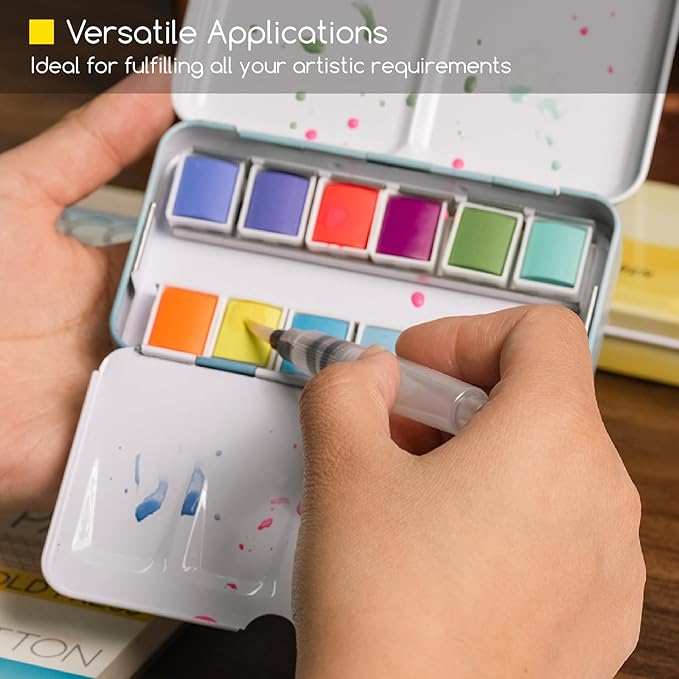 MEEDEN Pastel Watercolor Paint Set : 12 Colors Travel Watercolor Set with Brush in Half Pans - Portable Watercolor Paints for Adults & Artist