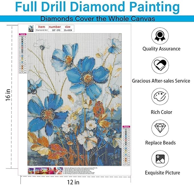 EIBEILI Diamond Painting Kits for Adults DIY 5D Diamond Art Paint with Round Diamonds Full Dril Gem Art Blue Flowers Painting Kit for Home Wall Decor Gifts 12x16inch
