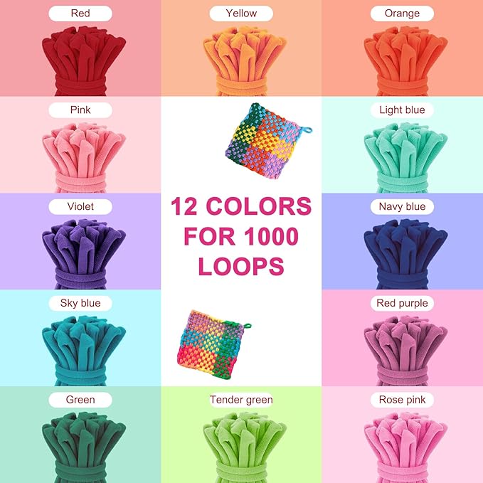 Weaving Loom Refill Loops, 1000PCS Potholder Loops for 7-10 Inch Loom, Weaving Bands DIY for Kids, Ideal Gifts for Girls Ages DIY Crafts Supplie (12 Rainbow Colors (1000 Loops))