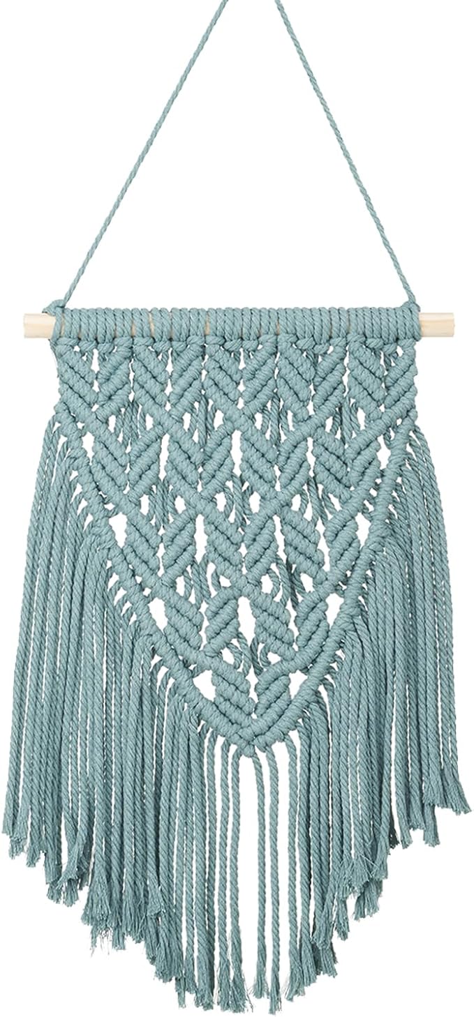 small macrame wall hanging decor boho tapestry for bedroom living room dorm nursery and office, cute aesthetic wall art for small spaces for teen girls and home decor (light blue, 16*10 inch)