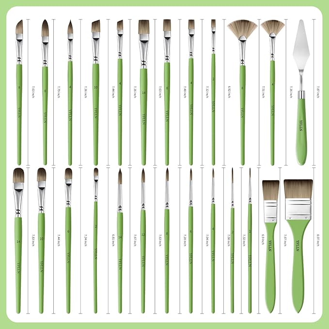 Paint Brushes Set of 25 Pieces Wooden Handles Brushes，Professional Artist Series with Filbert, Fan, Dagger, Cat Tongue, Round, Angle, Wide Flat Canvas Roll Bag & Palette Knife