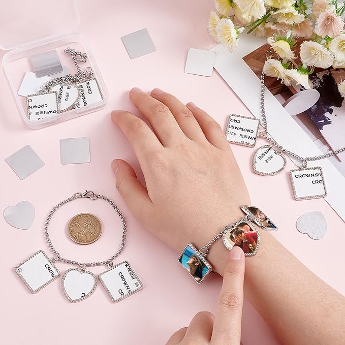 PH PandaHall 4 Sets Sublimation Bracelets Blanks Heat Transfer Bracelet Tray Heart Photo Bezel Square Craft Bezel Setting Blank for Mother's Day Friendship Bracelet Sweet Birthday Wedding Gift