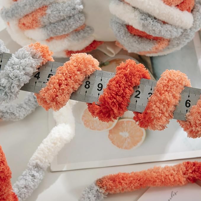 HOMBYS Chunky Tie Dye Mix Chenille Yarn for Hand Knitting, Super Bulky Jumbo Yarn for Crocheting, 3/4" Thick Soft Plush Yarn for Blankets, 8 Skein Pack (26 yds / 7.5 oz Each) Orange Grey White