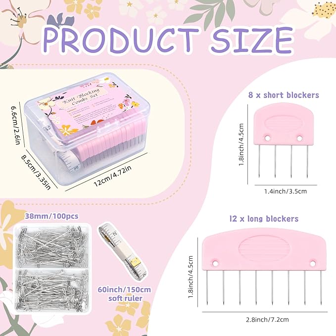 120 Pcs Knit Blocking Combs Pins Kit, 20Pcs Pink Color Knit Blockers Pins Kit, 100 T-pins for Blocking Knitting Crochet, Needlework Projects, Knitting Block Pins Tool for Blocking Mats