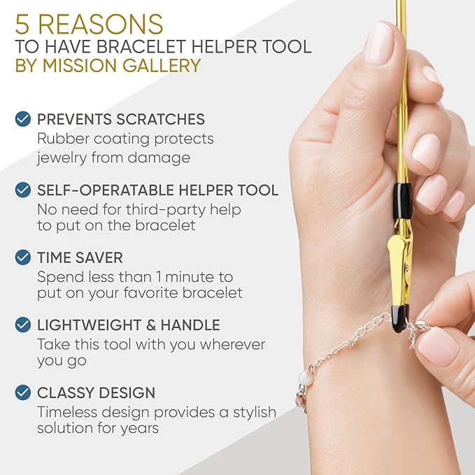 Mission Gallery Bracelet Helper Tool - Fastener Helper Tool for Bracelet, Necklace, Jewelry, Watch - Clip, Clasp Helper - Easy to Put on Yourself, Portable, Made of Metal, Gold