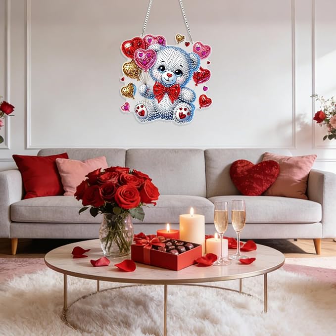 GHHKUD Bear Diamond Art Hanging Kit for Adults, DIY Double Sided Diamond Painting Hanging Valentines Kits Adults, Special Shaped Acrylic Ornaments Pendants for Window Home Garden Wall