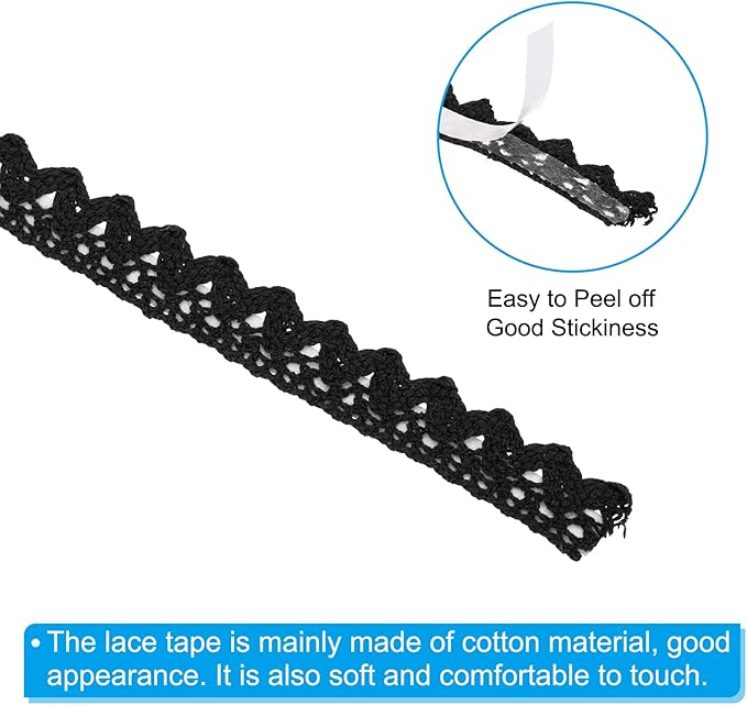 PATIKIL 0.6" Wide 2 Yards Self-Adhesive Lace Tape Lace Ribbon, 3 Pack Cotton Washi Trim Stickers Masking Decorative for Craft Scrapbook DIY Card Making, Black