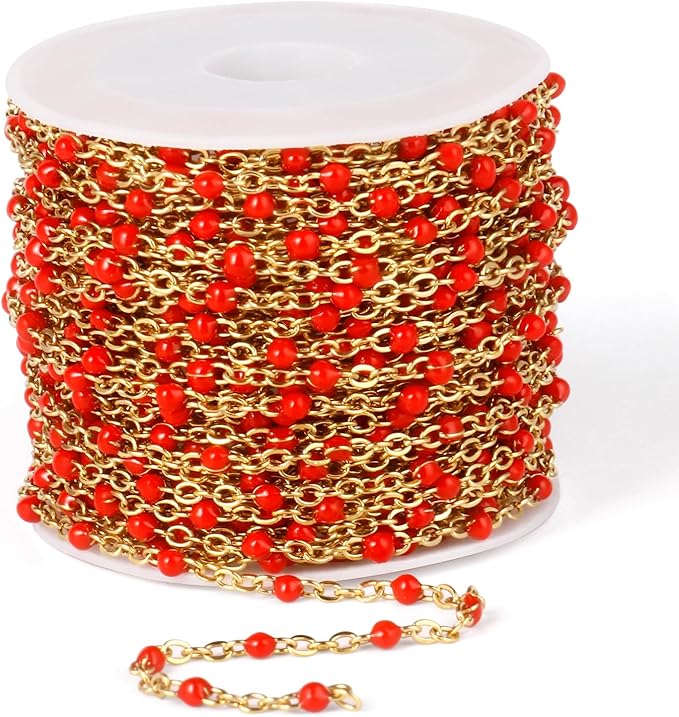 33 Feet Gold Enamel Chains Bulk, 2mm 18K Gold PVD Plated 304 Stainless Steel Red Enamel Beaded Cable Link Chain Roll Spool for Jewelry Making