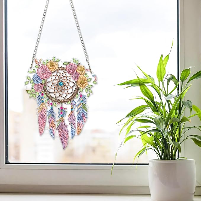 NAIMOER Diamond Art Hanging Kits for Adults Dream Catcher 5D Special Shaped Rhinestone, DIY Acrylic Diamond Art Painting Window Pendants Home Garden Wall Hanging Ornament Kits, Double Sided