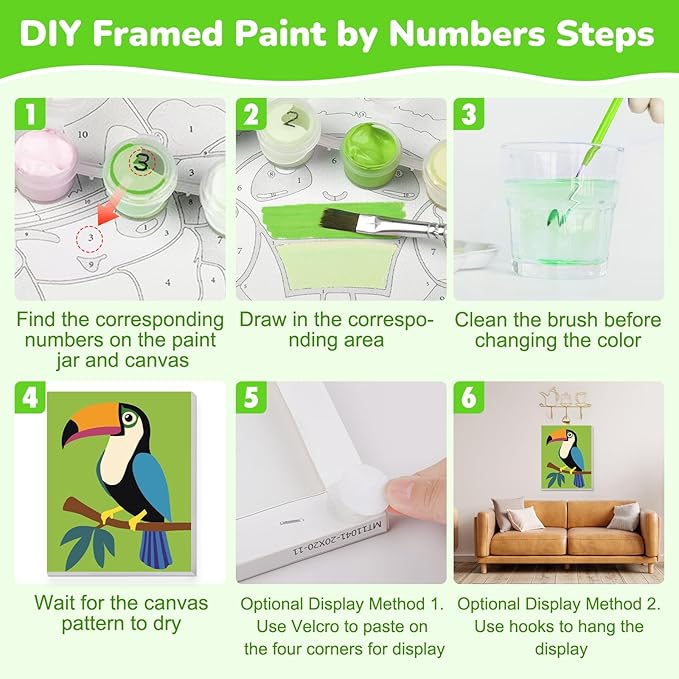 KEYIFA 4 Pack Framed Paint by Numbers Kit for Kids Age 6-12, Easy Animal Paintings for Adult Beginner, Framed Acrylic Canvas Painting for Home Decor Children Gift, 8x10 in (Toucan+Monkey+Koala+Owl)