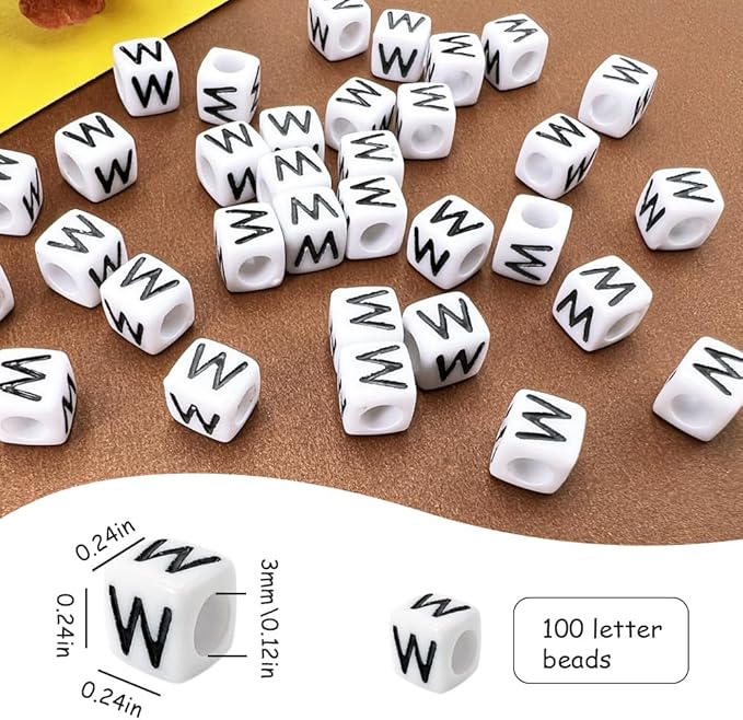 MIIIM 100pcs Pony Beads Letter W for Keychains Making, 6x6mm Large Hole Square Letter Beads for Bracelets Making, Alphabets, Numbers (White and Black)