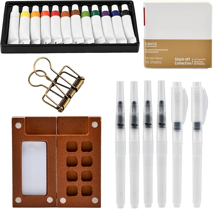 Pocket Artist Watercolor Travel Set, Mini Watercolor Palette Collection(8 Grids), Portable Kit Paint, Brush, Sketchbook & Copper Clip for Artists, Outdoor Sketchers & Beginners
