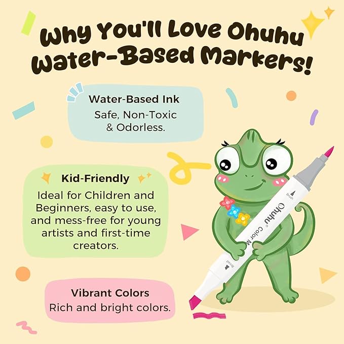 Ohuhu Markers for Adult Coloring Books No Bleeding 60 Colors Water-based Dual Tips Brush & Fine Coloring Markers for Kids Adults Beginners Drawing Pens for Journaling Lettering (Brush & Chisel)