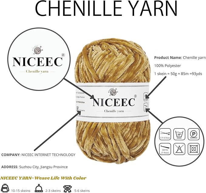 NICEEC 3 Skeins Soft Chenille Yarn Blanket Yarn for Knitting Fancy Yarn for Crochet Weaving DIY Craft Total Length 3×85m (3×93yds, 3×50g)_Light Brown
