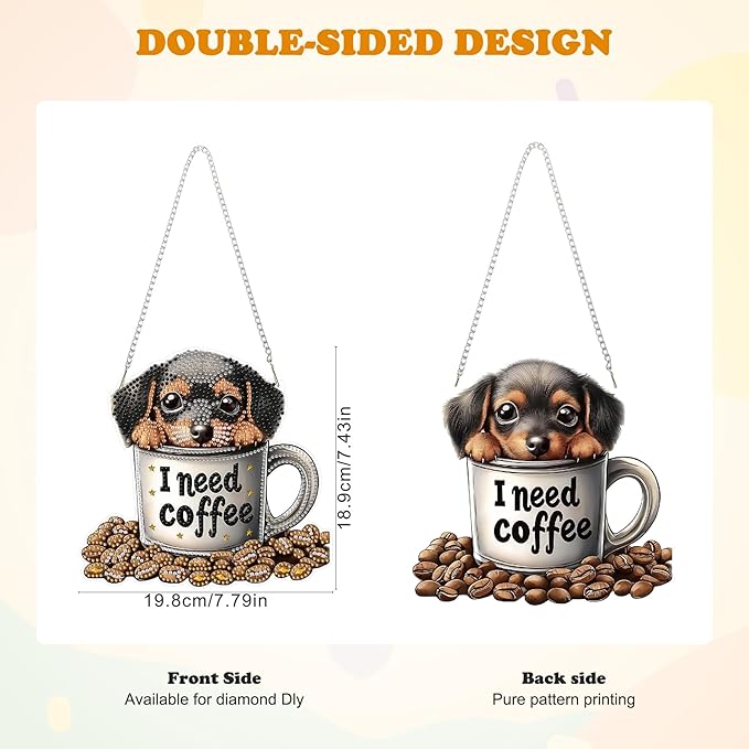 HEIBAGO Diamond Art Hanging Kits for Adults Kids, Hanging Diamond Art Dog, 5D Special Shaped Crystal Diamond Painting Kit Coffee, DIY Pattern Window Pendant for Home Wall Decor 8.3x8.3 Inch
